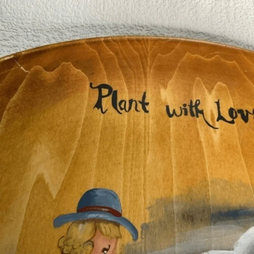VTG 89's Folk Art Hand Painted Wooden Plate Plant with Love Harvest with Joy 14
